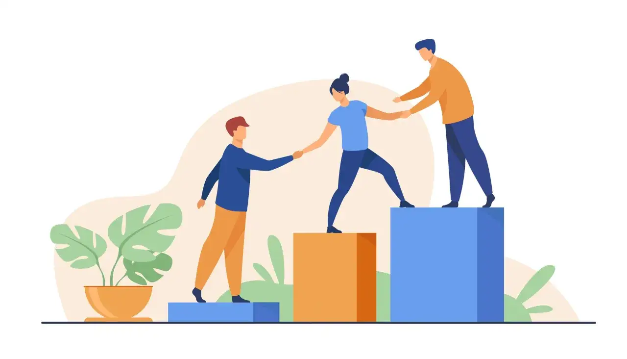 Three people help each other up steps, symbolizing support and growth. Imitate me as I imitate Christ, showing compassion and unity.