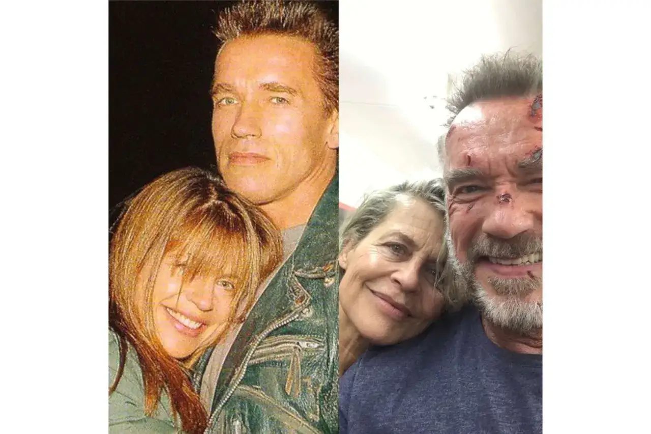 Arnold Schwarzenegger i Linda Hamilton, czyli kultowa terminator obsada, na zdjęciach z różnych lat.