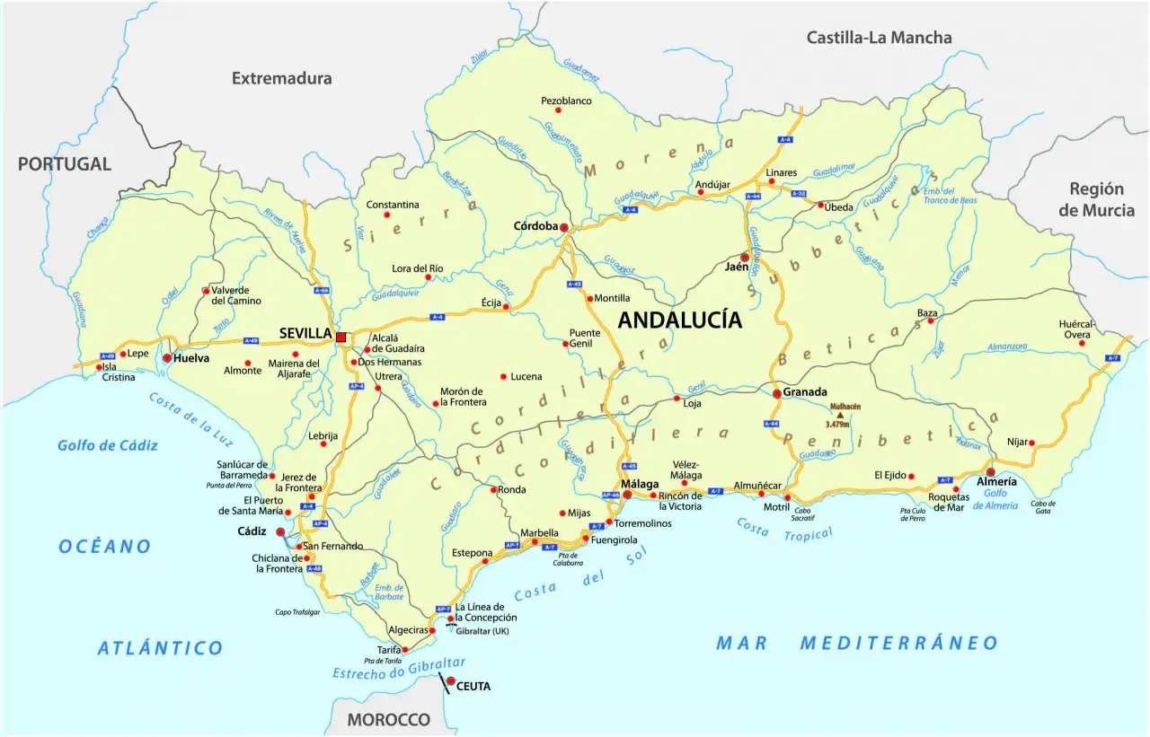 Mapa Andaluzji, gdzie jest Malaga? Malaga znajduje się na południowym wybrzeżu, między Kadyksem a Almerią, nad Morzem Śródziemnym.