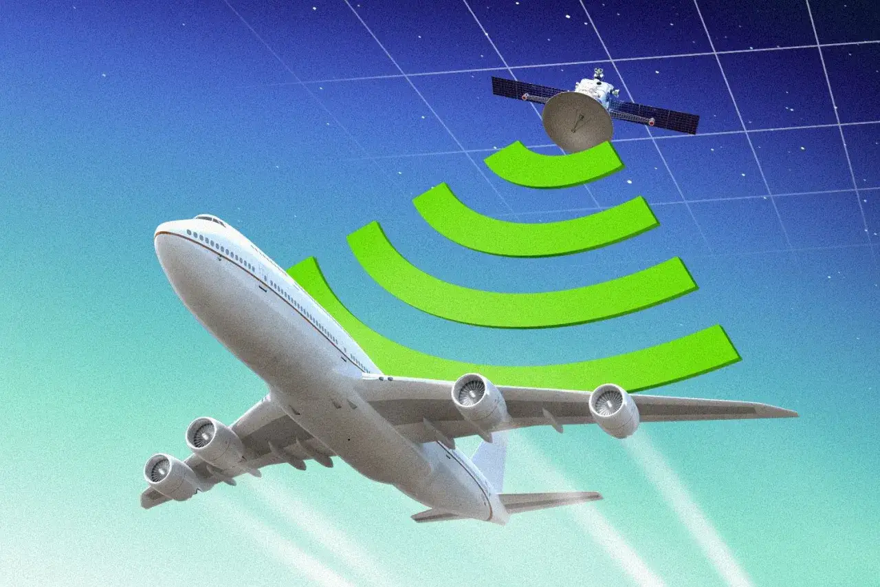 Samolot odbiera sygnał z satelity, co pokazuje, że w samolocie można używać internetu.