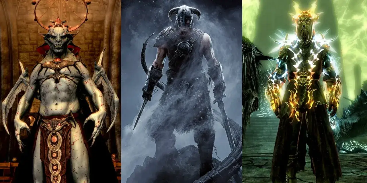 Trzy postacie z gry Skyrim: wampir, wojownik i istota w płomienistej zbroi. Zapowiedź nowych przygód w Skyrim DLC.