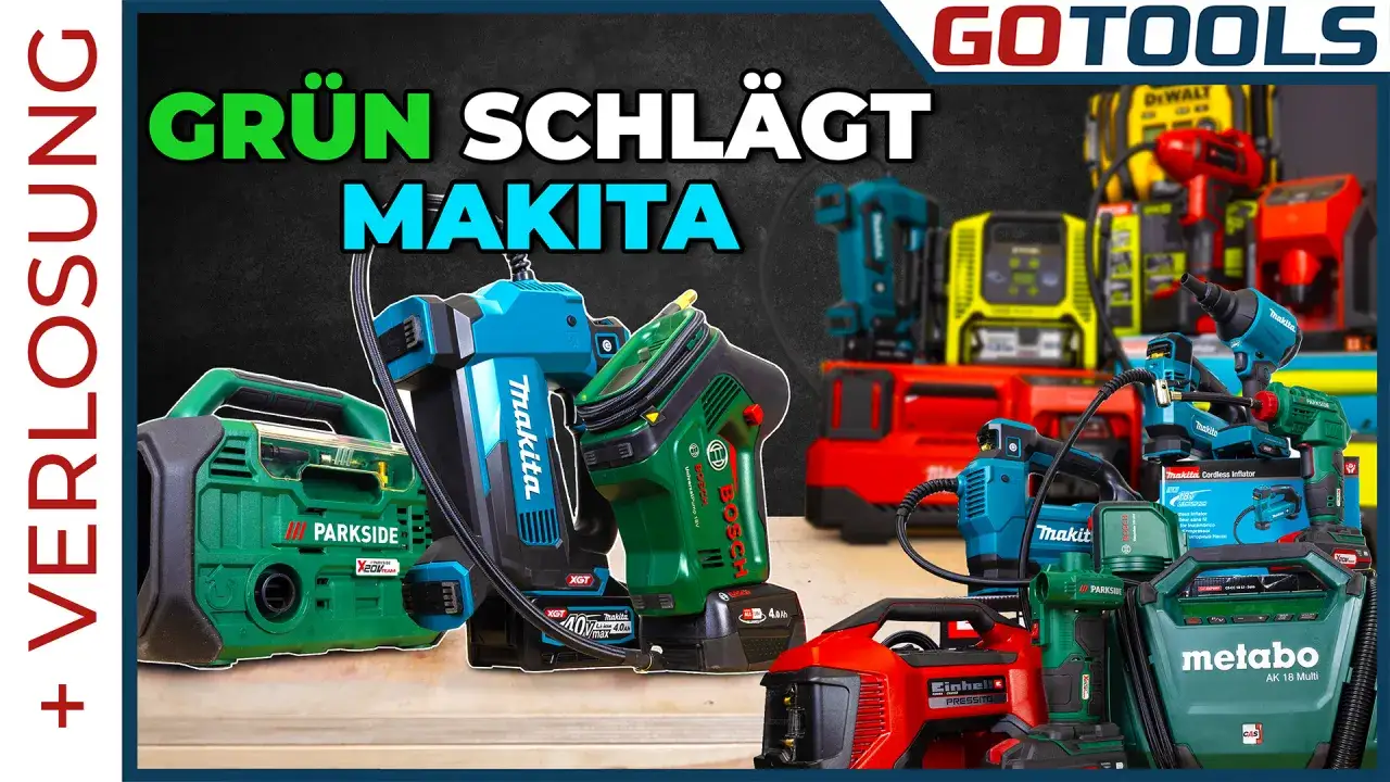 Grüne und blaue Werkzeuge, darunter ein Makita-Hochdruckreiniger und ein Kompressor, im Vergleich.