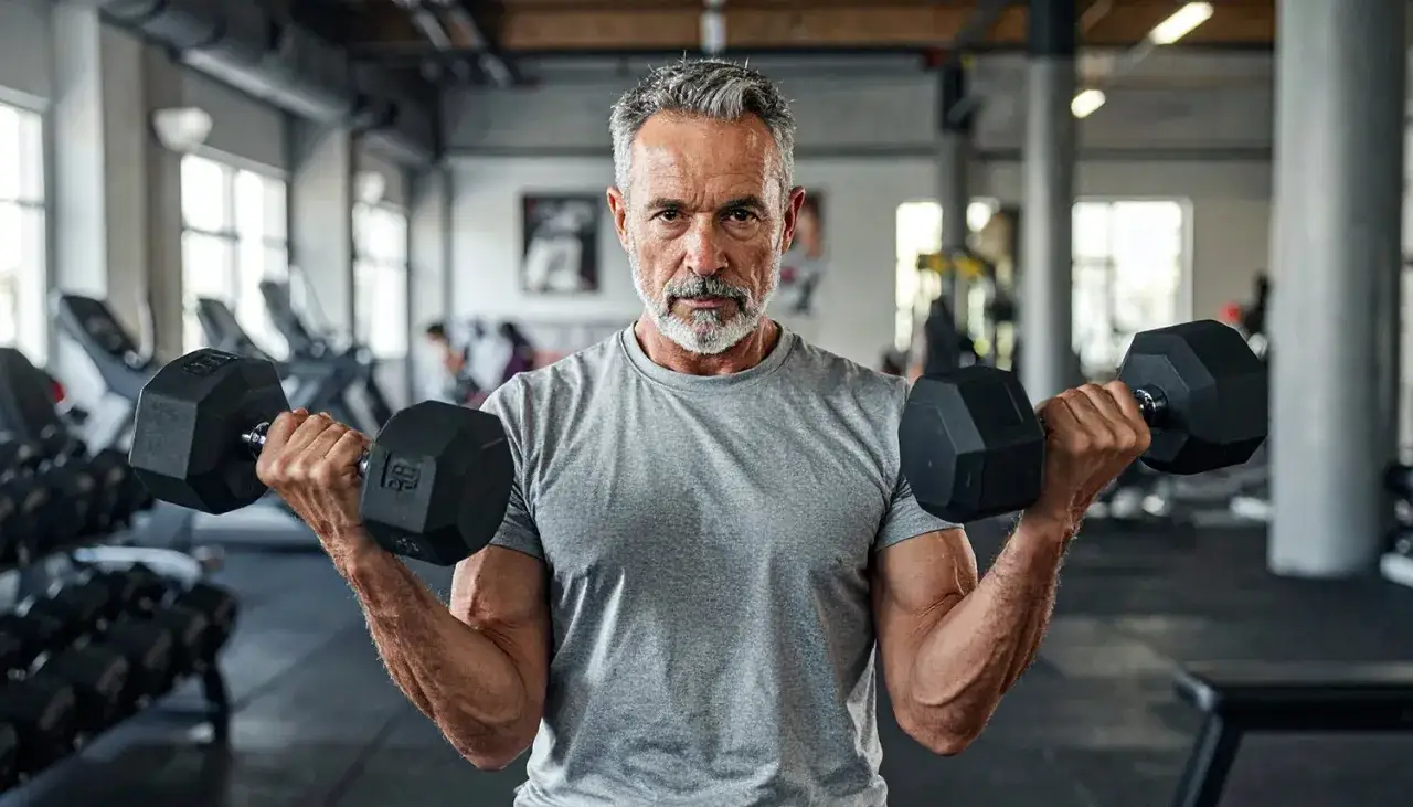 Siwy mężczyzna ćwiczy bicepsy z hantlami, co zwiększa testosteron. W tle siłownia z innymi ćwiczącymi.