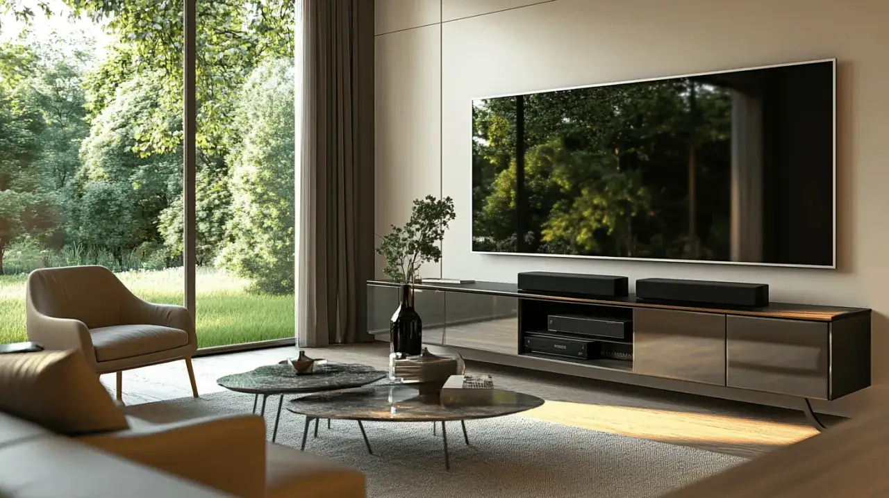 Modernes Wohnzimmer mit gro&szlig;em Fenster, bequemen Sesseln und einem eleganten deko tv board, das mit Technik und Pflanzen dekoriert ist.