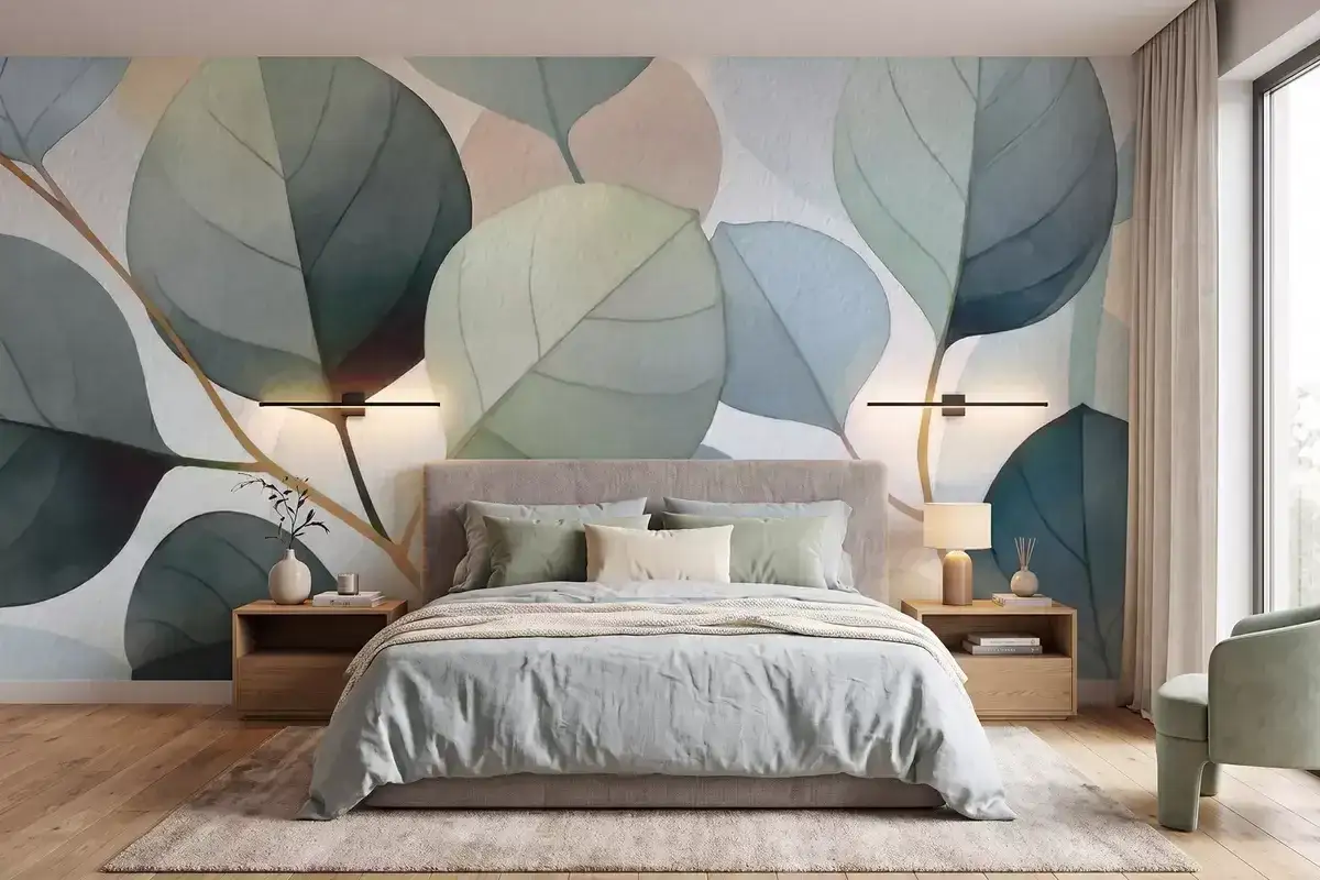 Chambre paisible avec un papier peint **eucalyptus aquarelle** aux grandes feuilles bleues et vertes.