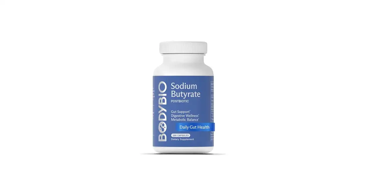 Biała butelka suplementu diety BODYBIO z maślanem sodu. Wspiera zdrowie jelit, trawienie i równowagę metaboliczną.