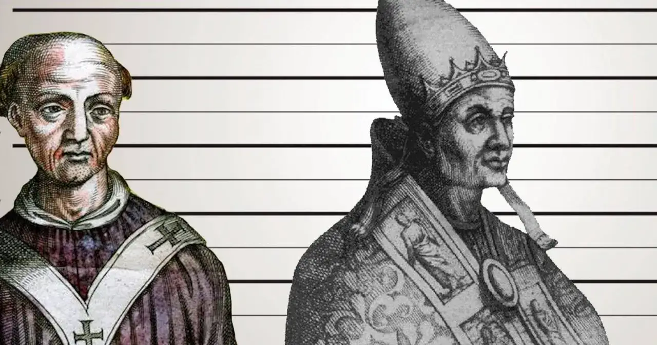 Portret dwóch papieży na tle kratki. Jeden z nich, w kolorze, nosi purpurową szatę z krzyżem. Obok niego, w czerni i bieli, drugi papież w tiarze, być może najmłodszy papież w historii.