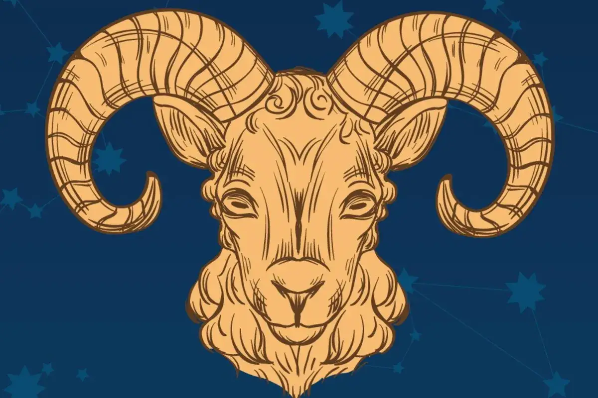 Ilustracja głowy barana z wielkimi rogami na tle nocnego nieba. Sprawdź swój horoskop tygodniowy baran miłosny.