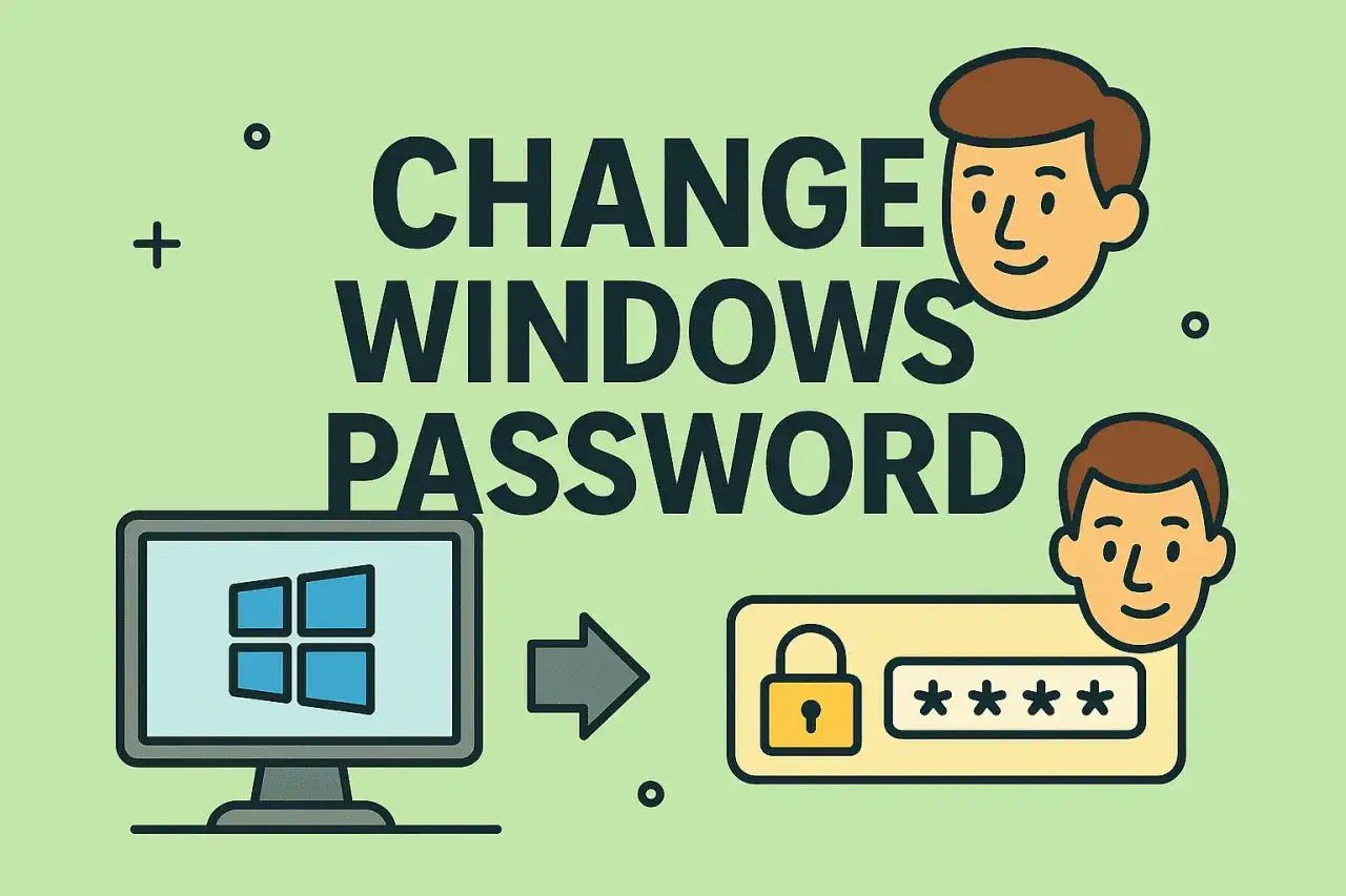 Jak zmienić hasło w komputerze? Ilustracja pokazuje komputer z logo Windows, strzałkę i pole z kłódką i gwiazdkami.
