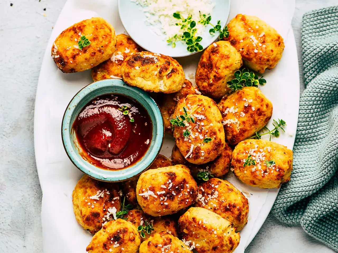 Tater tots dorados y crujientes, espolvoreados con queso rallado y servidos con salsa de tomate. ¡Un aperitivo perfecto!