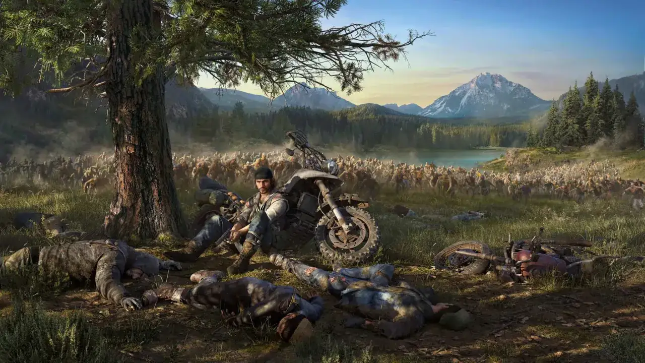Deacon siedzi przy motocyklu, otoczony martwymi wrogami. Za nim horda zombie. To scena z gry Days Gone, idealna do poradnika.