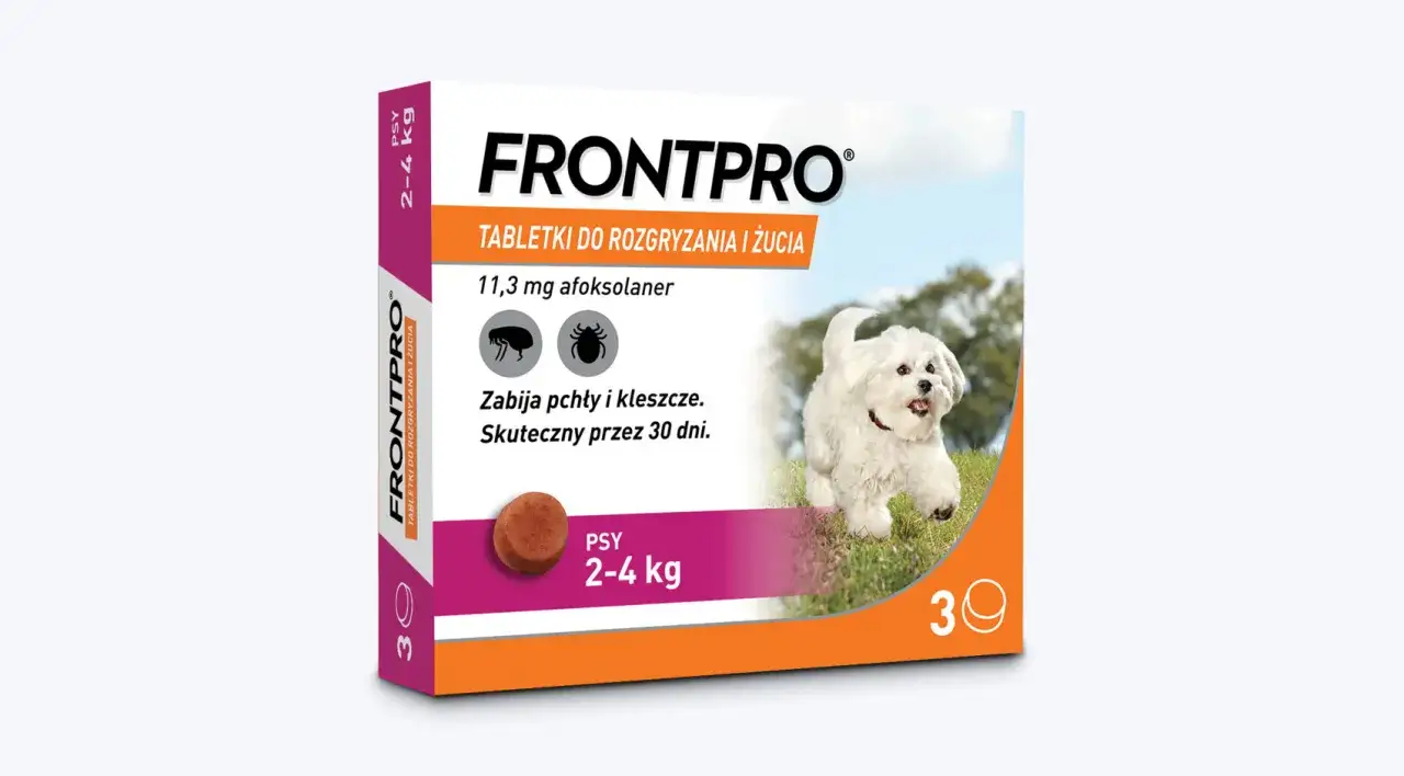 Tabletka od kleszczy dla psa Frontpro. Skuteczna ochrona przed pchłami i kleszczami przez 30 dni. Dla psów 2-4 kg.