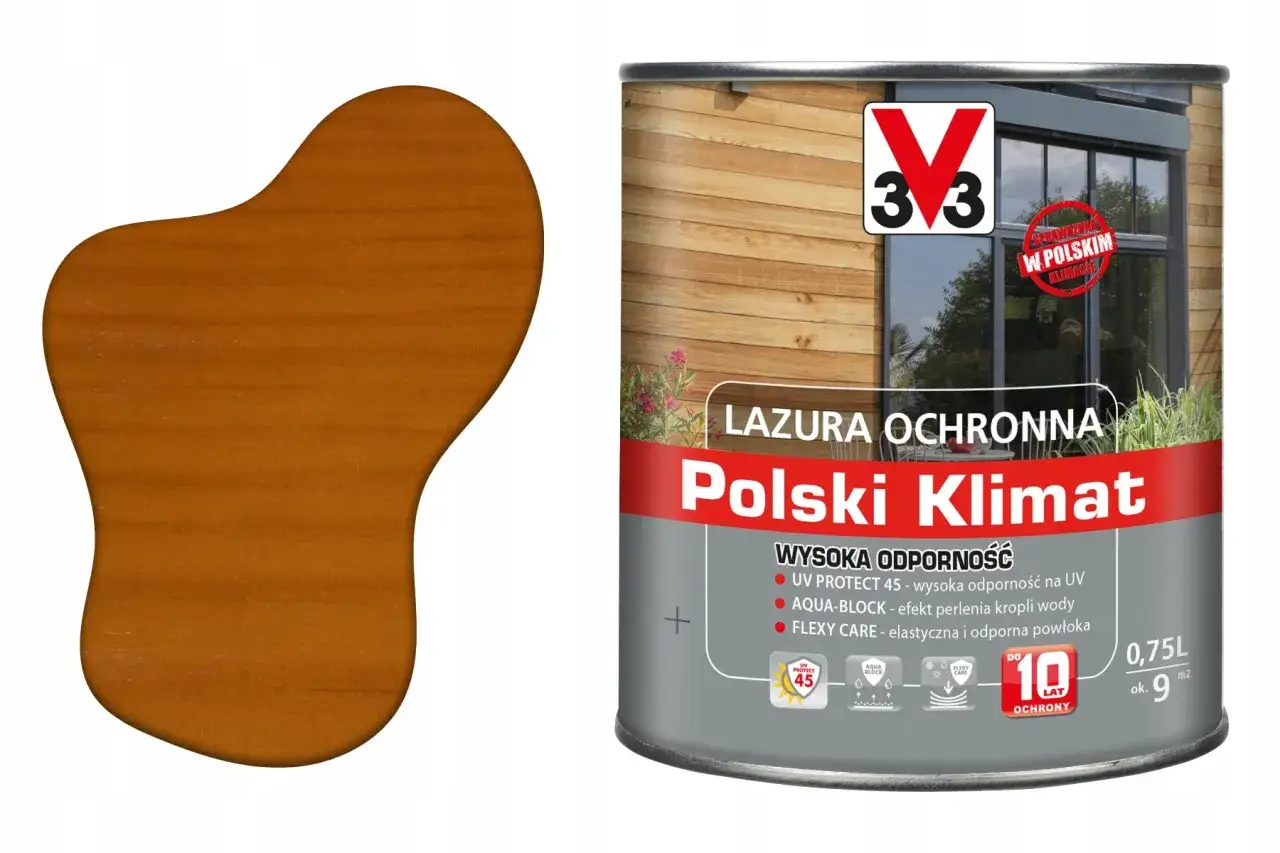 Próbka drewna w kolorze miodowym obok puszki lazury ochronnej 
