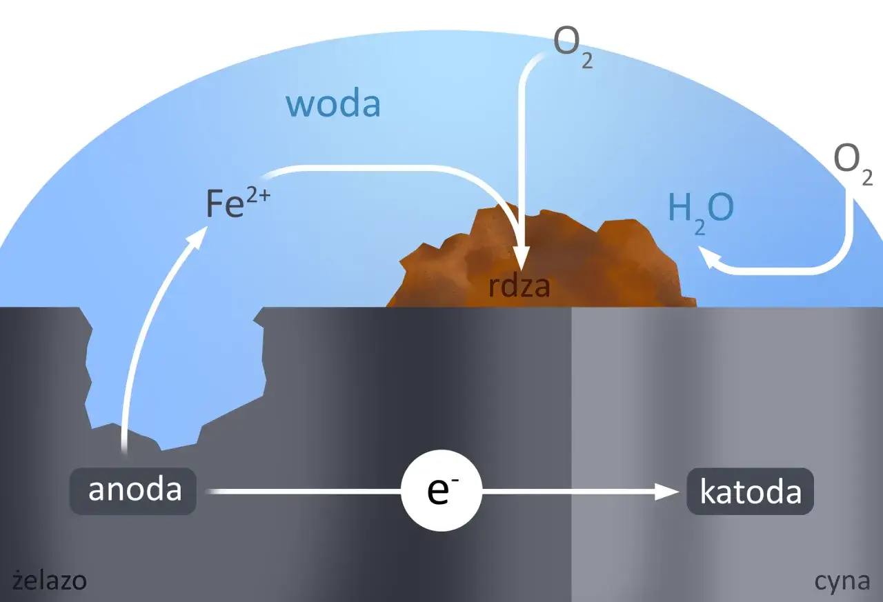 Schemat ilustruje korozję elektrochemiczną żelaza. Woda i tlen reagują z żelazem, tworząc rdzę. Elektrony przepływają od anody do katody.