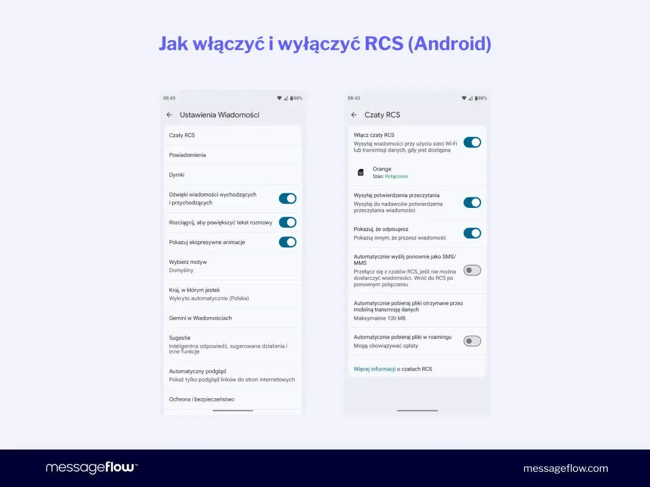 Ustawienia czatów RCS na Androidzie: włączanie, wyłączanie, potwierdzenia odczytu i inne opcje. Dowiedz się, kto jest nadawcą.