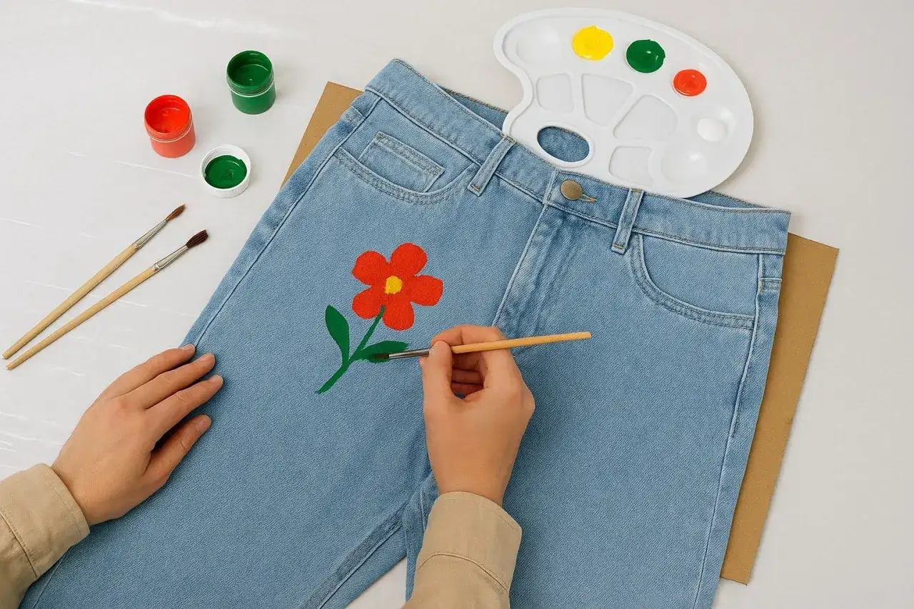 Skapa unika jeans genom att måla på textil. En hand målar en röd blomma med gul mitt på ett par ljusblå jeans. Penslar, färger och palett ligger redo.