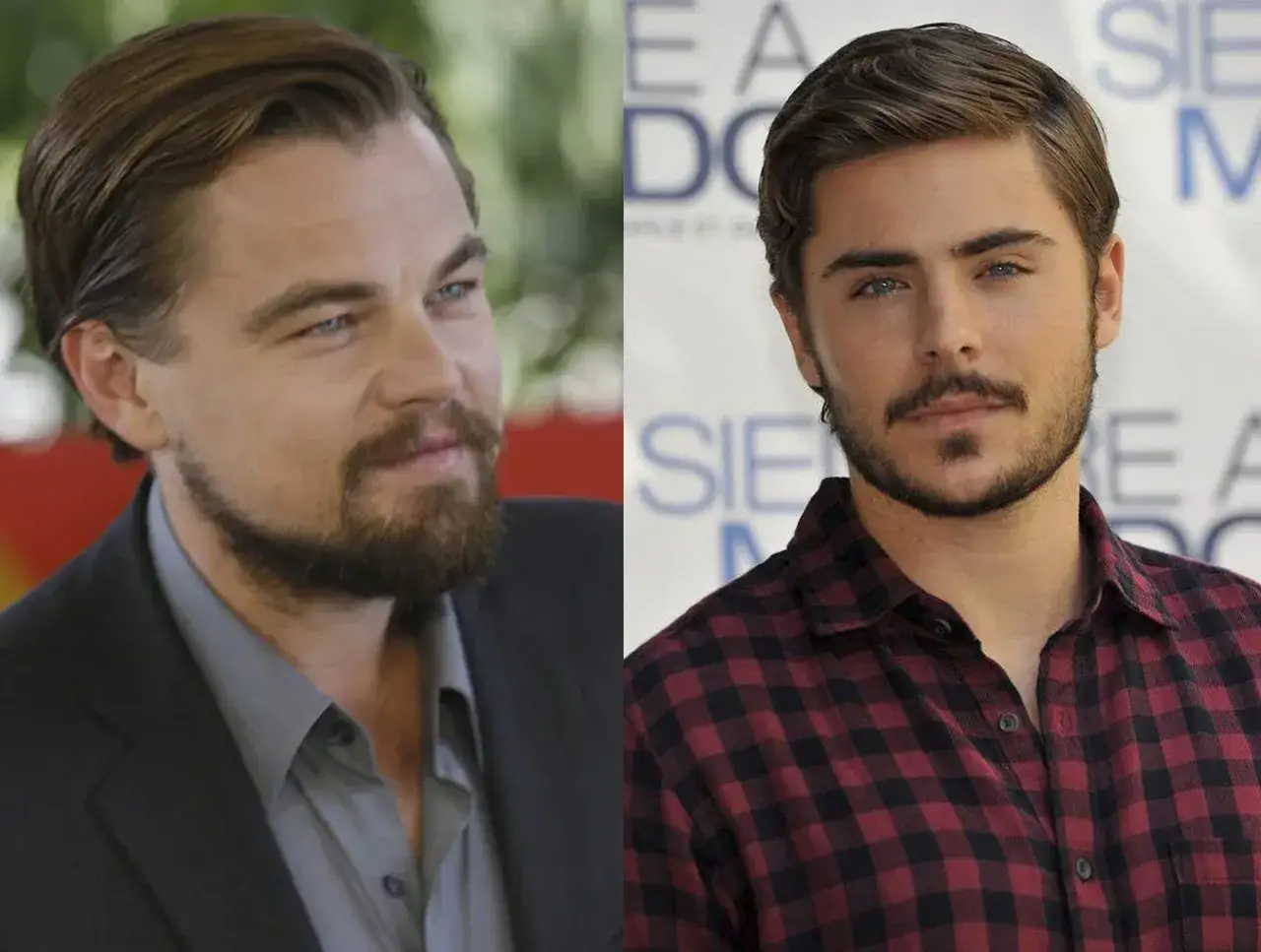 Leonardo DiCaprio y Zac Efron, ambos con una barba regia, posan para la cámara.