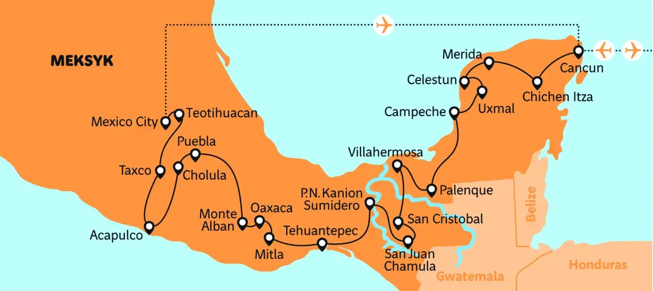 Mapa turystyczna Meksyku z zaznaczonymi miastami: Mexico City, Puebla, Cancun, Merida, Palenque i innymi.