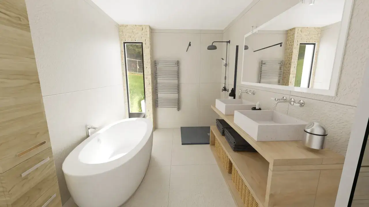 Aménagement salle de bain moderne avec baignoire îlot, double vasque, douche à l'italienne et rangements en bois clair.