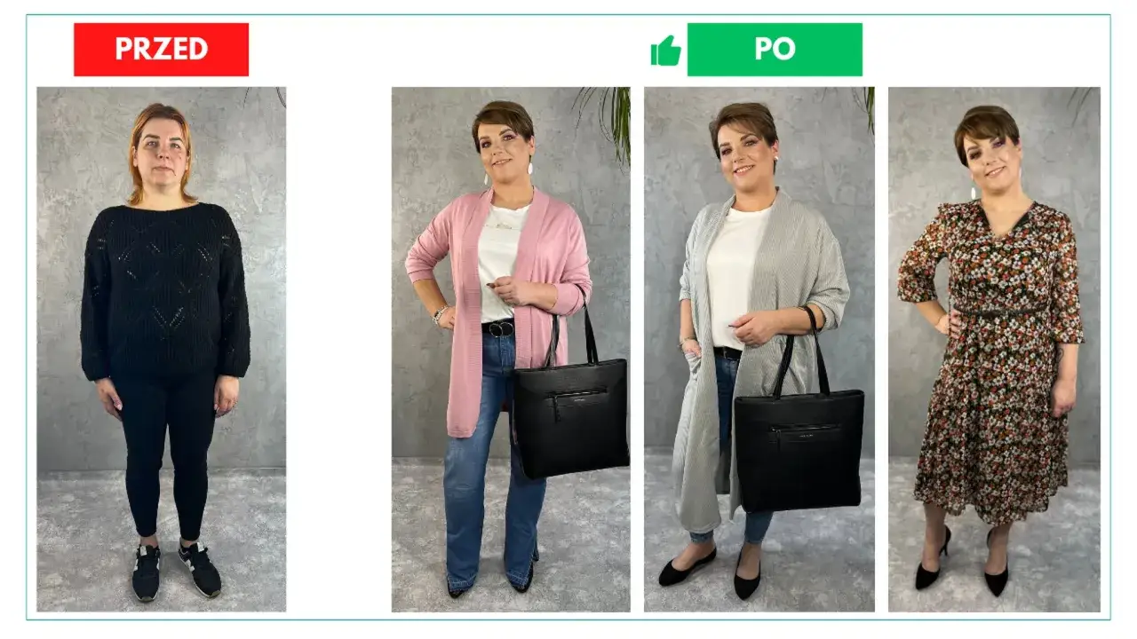 Zgaszone lato stylizacje: metamorfoza od czarnego swetra do kwiecistej sukienki i eleganckich kardiganów.