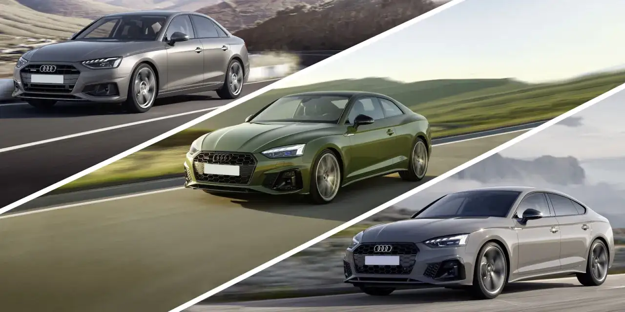 Comparativa de diseño: Audi A4 vs A5. Un sedán gris y un coupé verde compiten en la carretera.