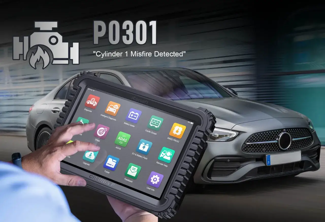 Diagnóstico de DTC P0301 en Opel con escáner iCarsoft. Detecta fallo en cilindro 1.