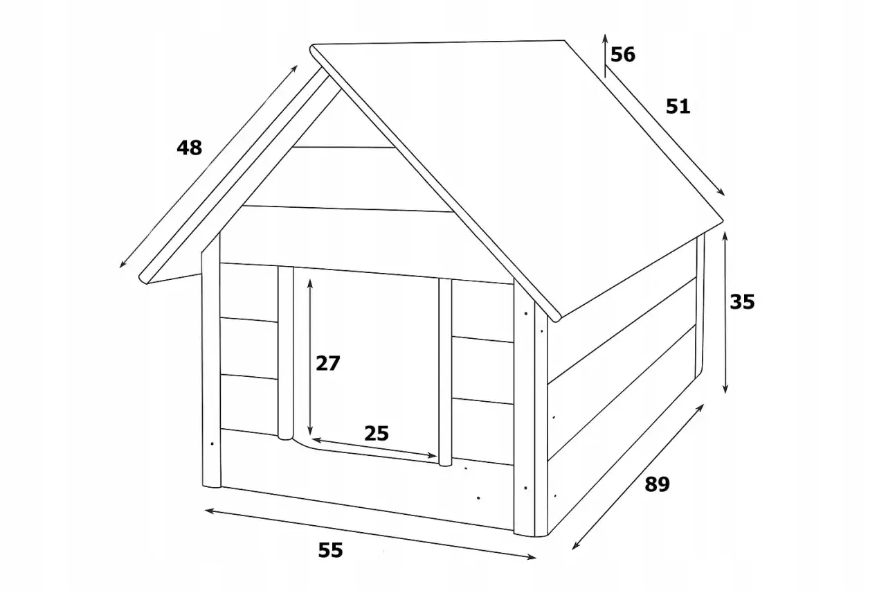 Schemat budy dla psa z wymiarami: długość 89 cm, szerokość 55 cm, wysokość 35 cm. Wymiary wejścia: 27x25 cm.