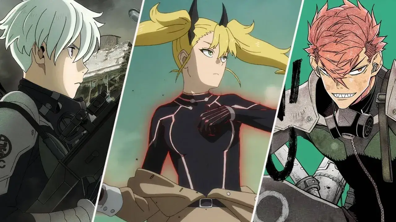Drei Charaktere aus Kaiju No. 8 Staffel 2: ein Mann mit weißem Haar und Waffe, eine Frau mit blonden Zöpfen und schwarzem Anzug, und ein Mann mit roten Haaren und Gasmaske.