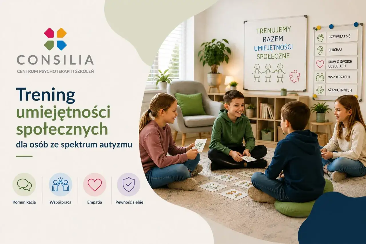 Dzieci ćwiczą umiejętności społeczne, kluczowe przy zespole Aspergera. Trening obejmuje komunikację, empatię i pewność siebie.