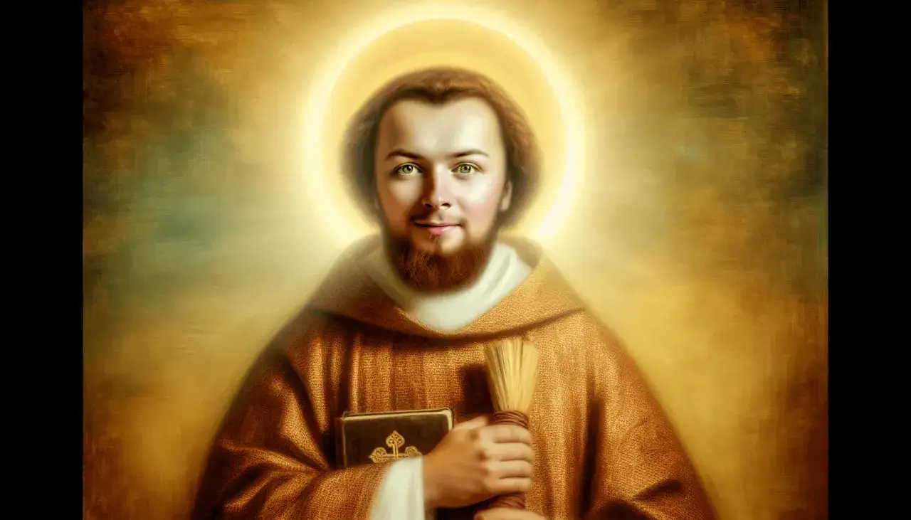 Święty Daniel patron, z księgą i r&oacute;zgą, otoczony złotą aureolą.