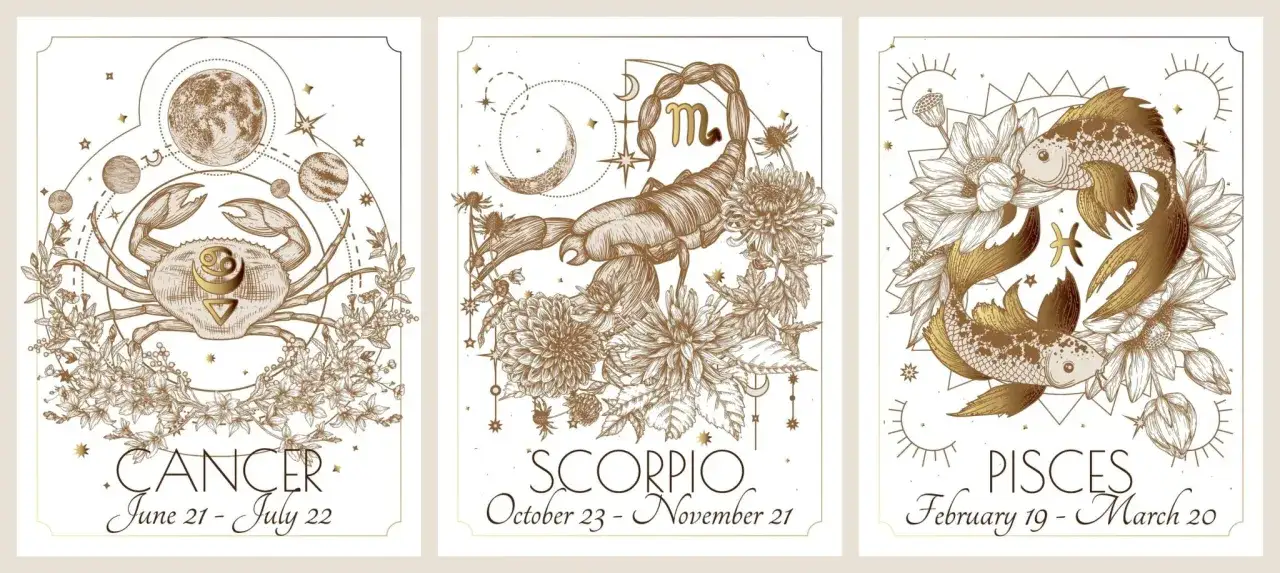 Zodiakalny skorpion i rak w łóżku, otoczeni kwiatami i gwiazdami. Ilustracje astrologiczne.