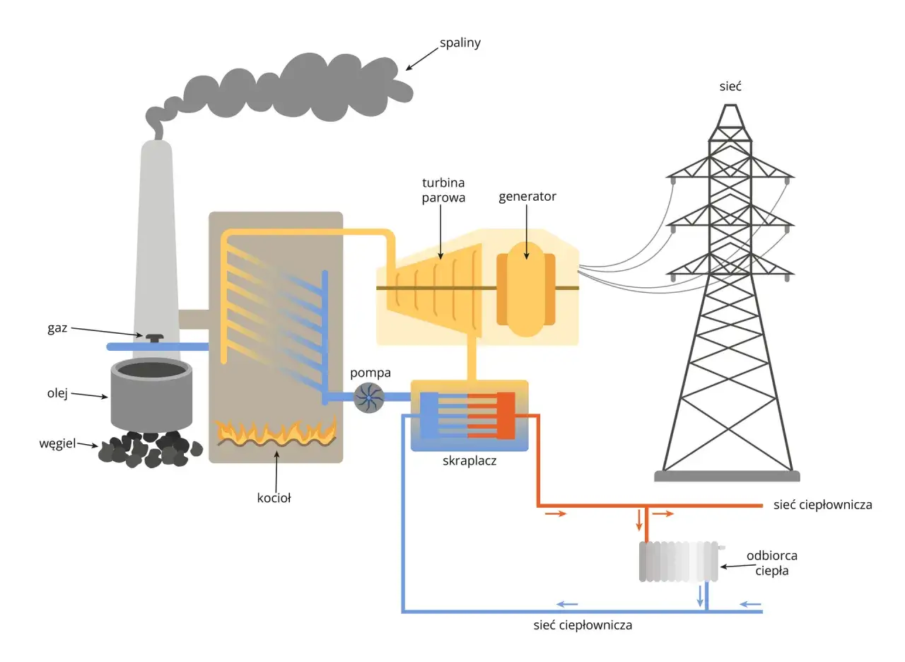 Schemat działania elektrowni cieplnej: kocioł spala paliwo, napędzając turbinę i generator. Ciepło trafia do sieci ciepłowniczej.