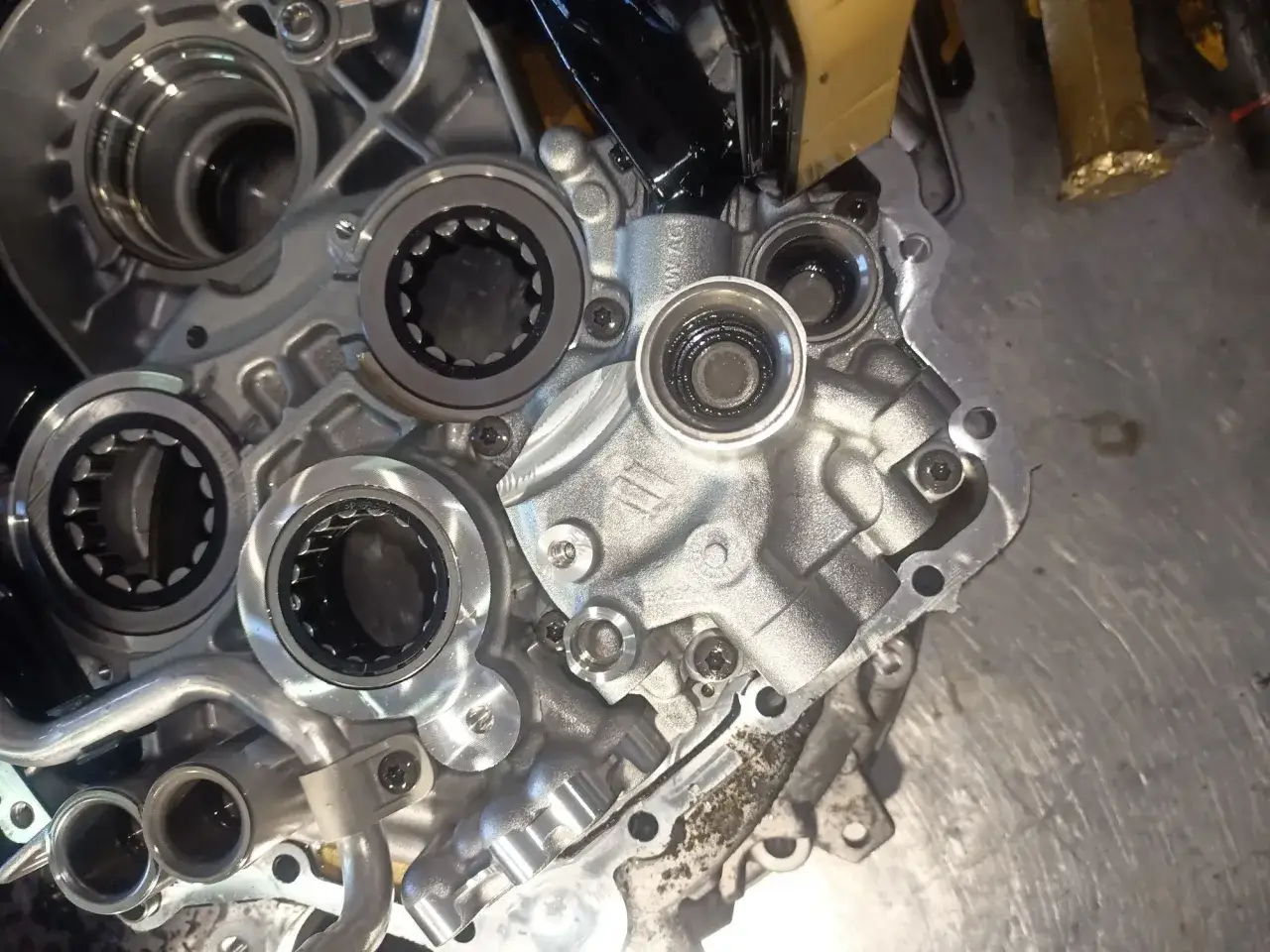Wnętrze skrzyni DSG z widocznymi łożyskami i elementami mechanicznymi.