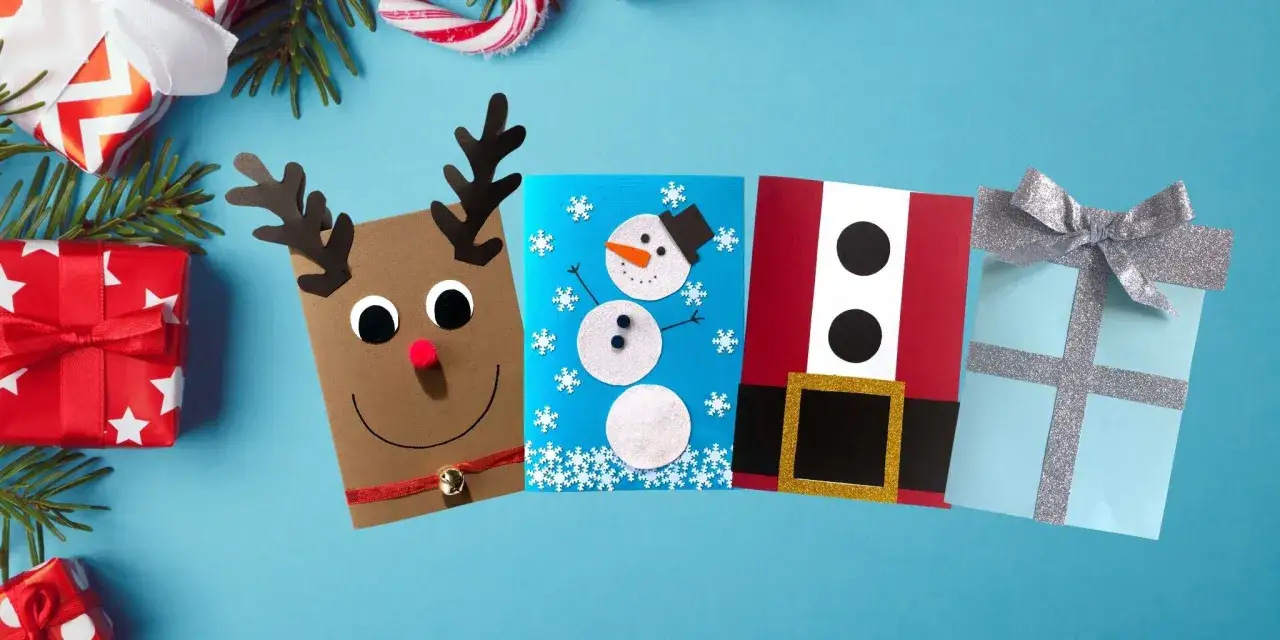 Fina tips p&aring; julpyssel: en ren, en sn&ouml;gubbe, tomten och en present. Perfekt f&ouml;r julkort!