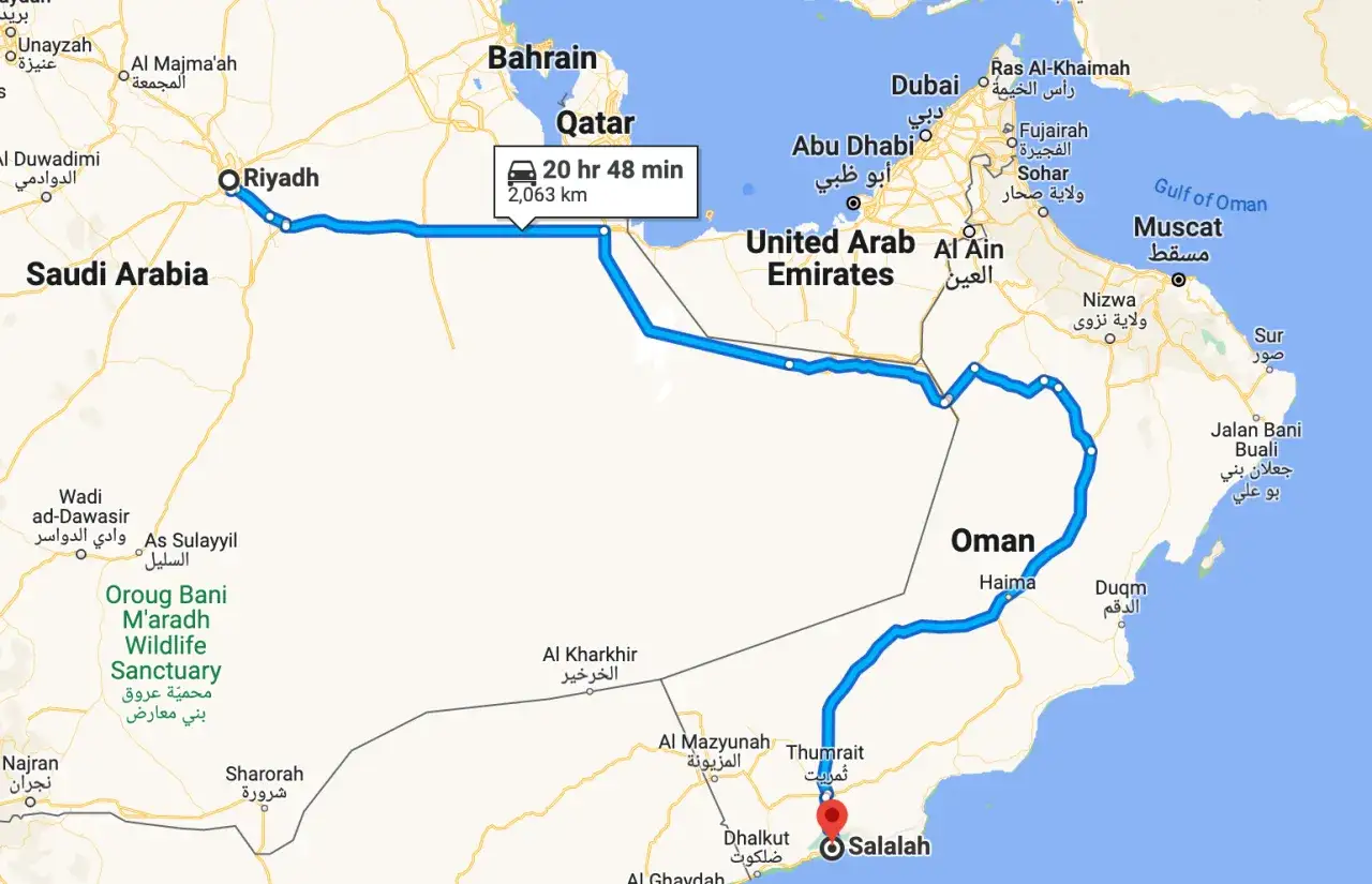 Trasa z Rijadu do Salalah w Omanie zajmuje 20 godzin 48 minut i liczy 2063 km.