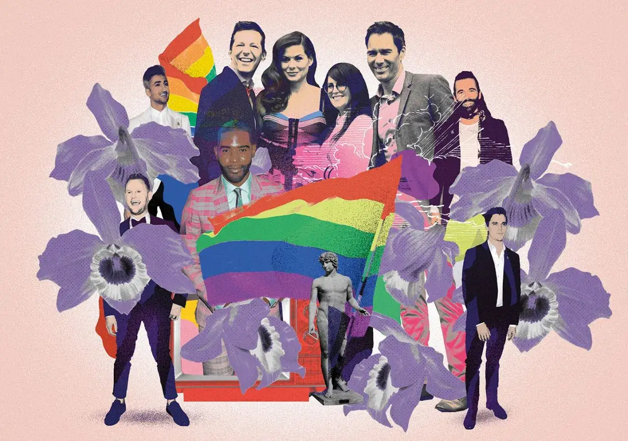 Kolaż z tęczową flagą i ludźmi, symbolizujący różnorodność i wsparcie dla społeczności LGBT+. Wśród nich postacie znane z seriali LGBT+.