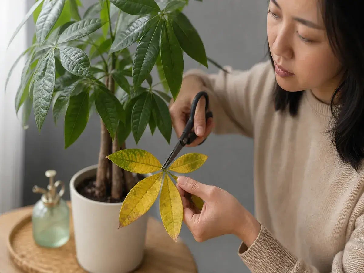 Une femme coupe une feuille jaune d'une pachira, montrant l'entretien de la plante.