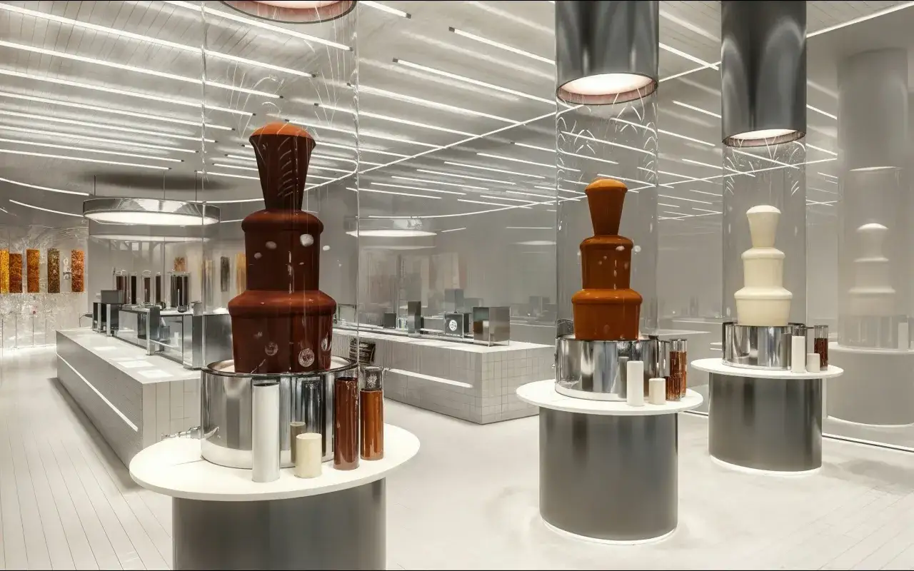 Chokladfontäner i mörkt och vitt i ett modernt utrymme, som en del av ett Lindt museum.