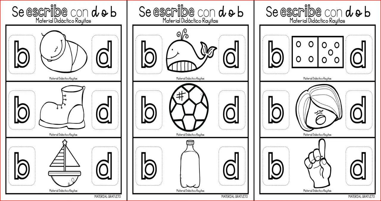 Fichas dislexia: b y d con dibujos de un beb&eacute;, ballena, bota, barco, domin&oacute;, ni&ntilde;a, bal&oacute;n, botella y mano.