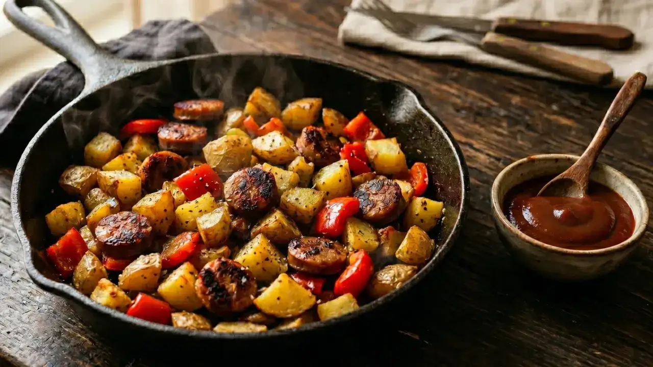 Heißer Gusseisentopf mit Kartoffeln, Paprika und **gerichten mit grober Bratwurst**. Daneben eine Schale mit BBQ-Sauce.