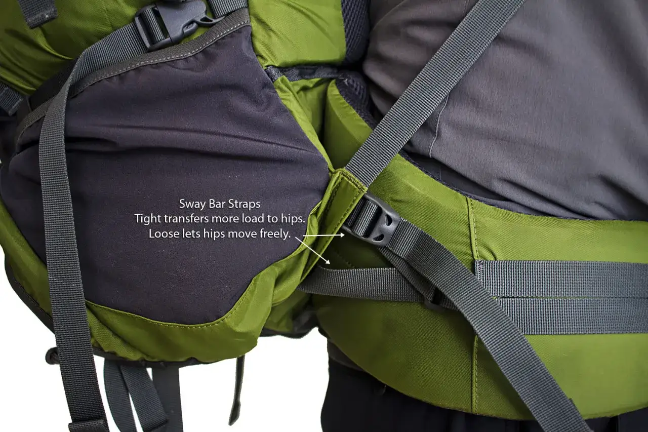Detalle de una mochila de senderismo verde y negra, mostrando las correas de ajuste de carga y la cincha de la cintura.