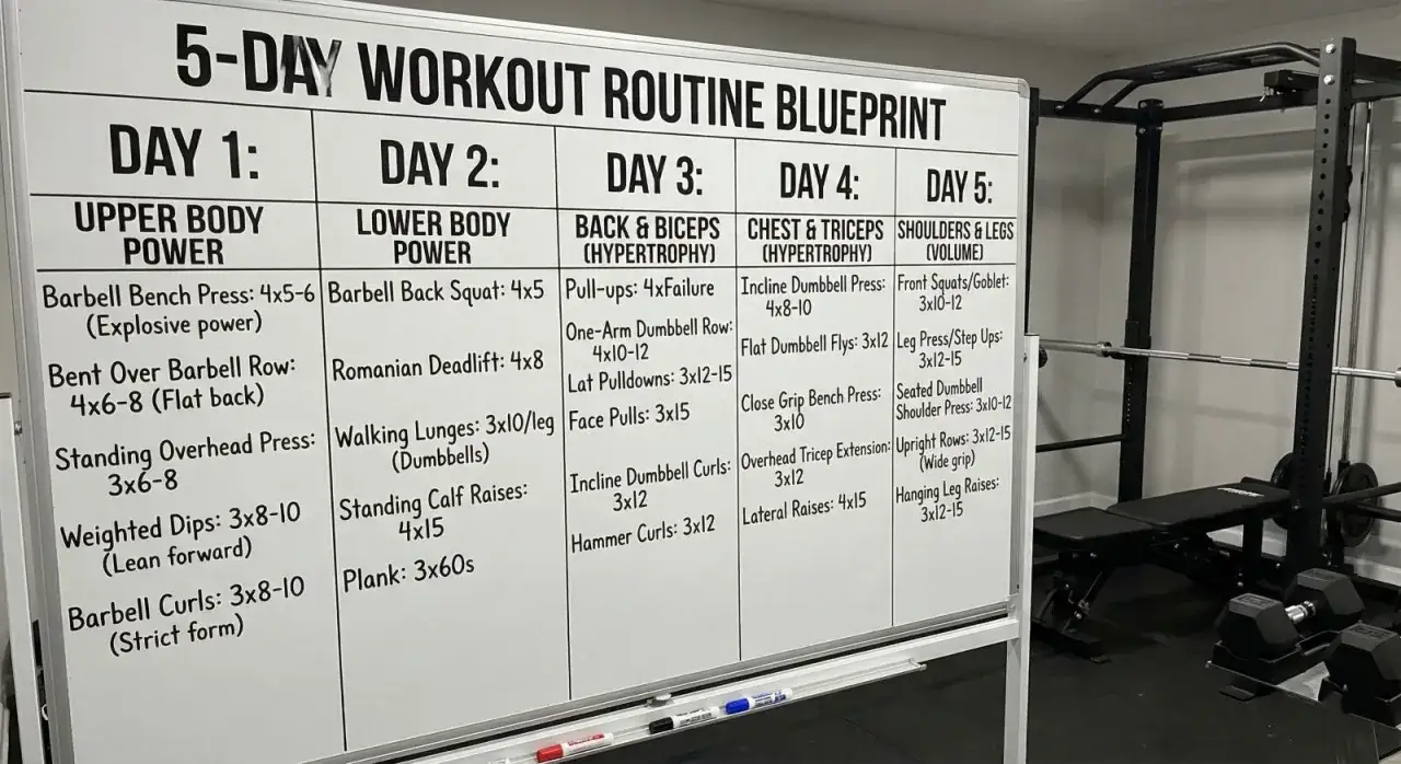 Plan d'entra&icirc;nement sur 5 jours. Le renforcement musculaire combien de fois par semaine est d&eacute;taill&eacute; pour chaque groupe musculaire.