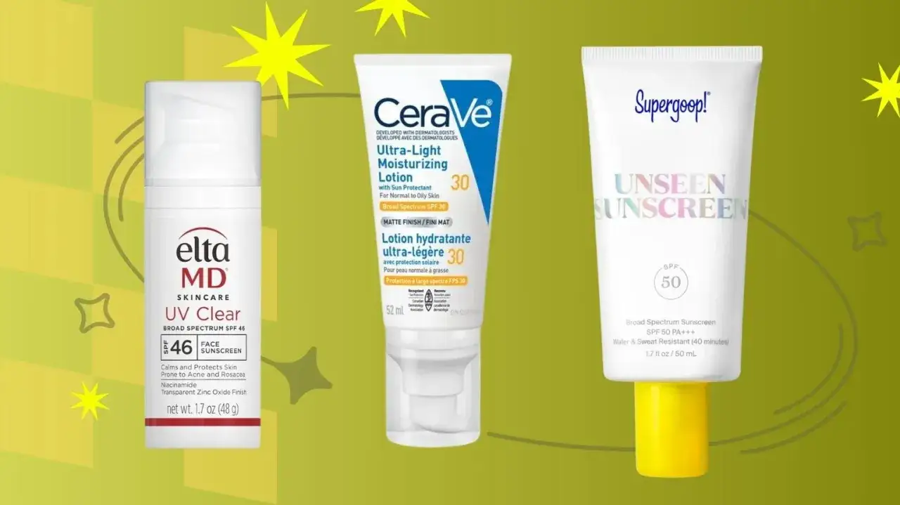 Drei Sonnenschutzmittel: EltaMD UV Clear, CeraVe Ultra-Light Moisturizing Lotion und Supergoop! Unseen Sunscreen. Wichtige Produkte gegen Hautalterung im Gesicht.