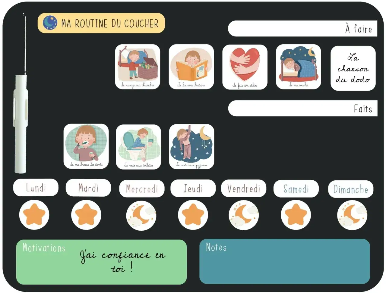 Tableau illustrant le rituel du coucher 10 ans : ranger, lire, câlin, chanson, pyjama, dodo. Les jours de la semaine sont indiqués.