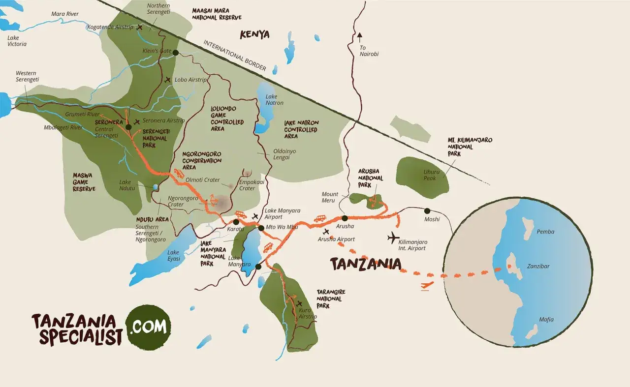 Karte von Tansania mit Nationalparks, Flüssen und Städten. Das tansania wetter september ist ideal für Tierbeobachtungen in der Serengeti.