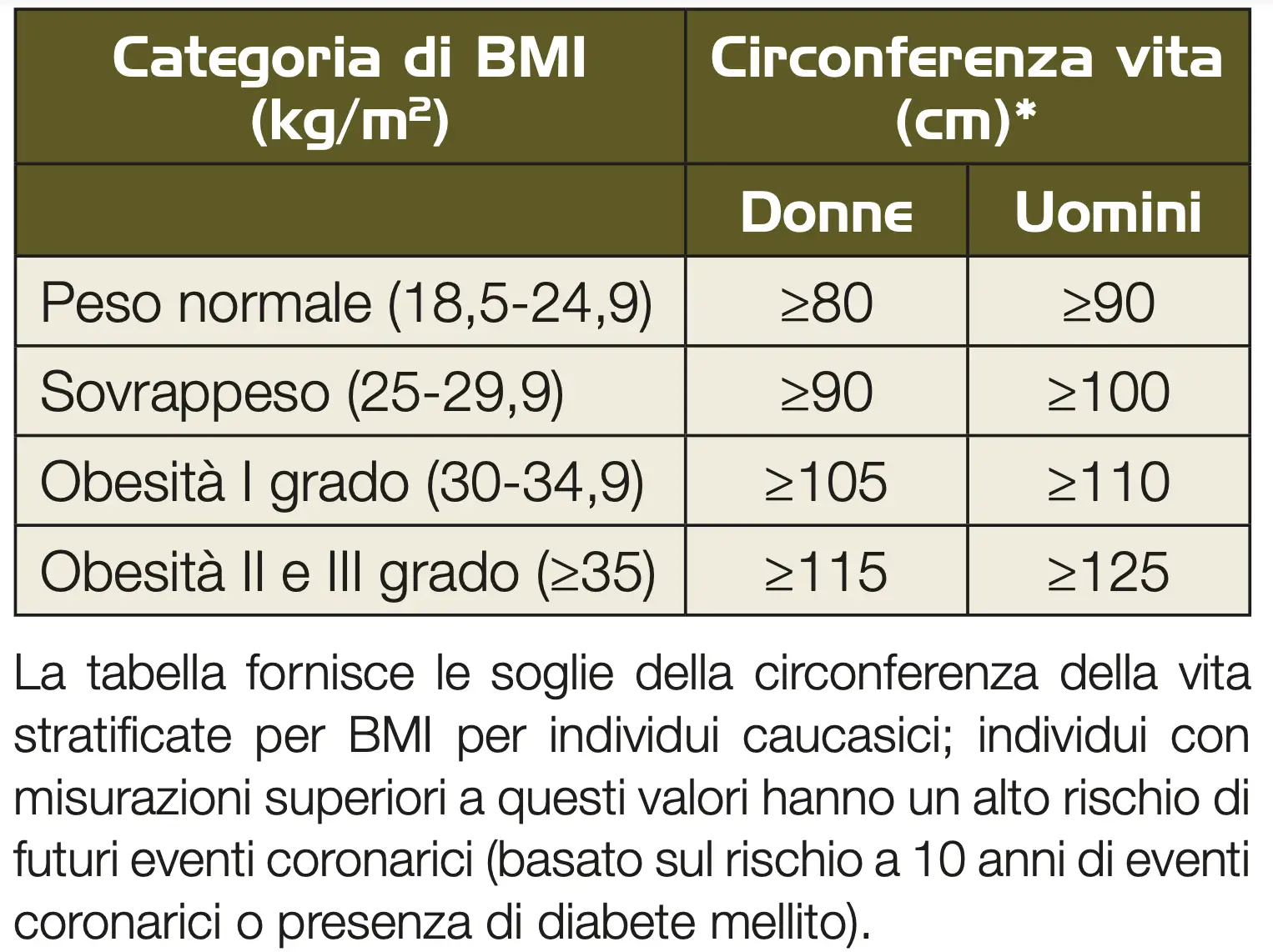 Tabella BMI e circonferenza vita: valori soglia per donne e uomini. Aiuta a identificare il rischio e a pianificare come eliminare grasso viscerale.