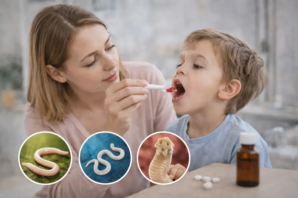 Mama podaje dziecku lek. Obok zdjęcia robaków i tabletek na odrobaczenie dla ludzi.