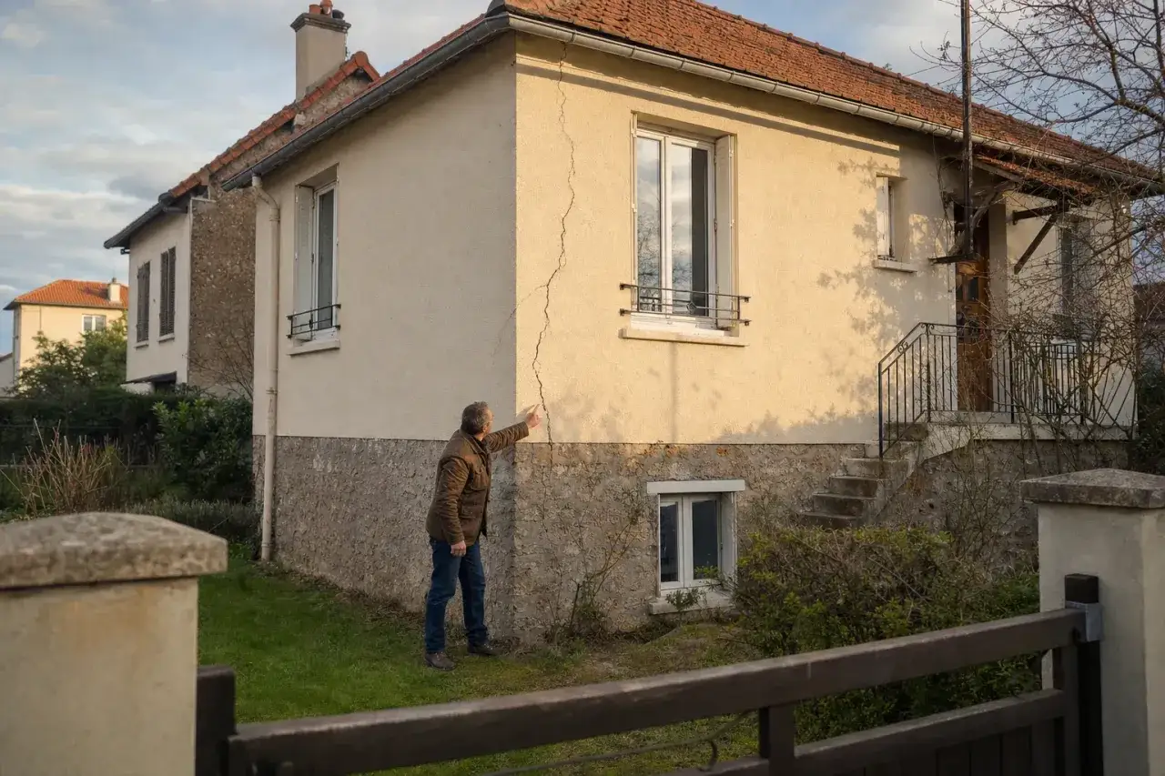 Un homme pointe une fissure sur un mur de maison. Ce constat huissier avant travaux documente l'état des lieux.