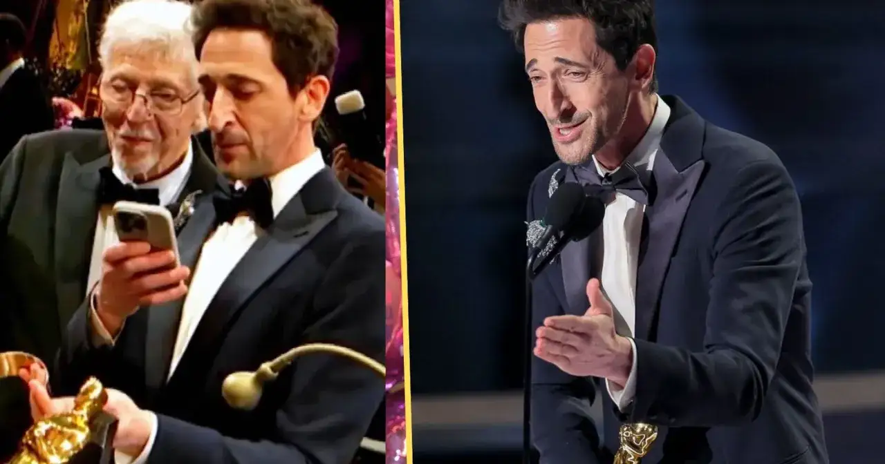 Adrien Brody z Oscarem, przeglądający telefon. Jego filmografia jest bogata, a ten moment to kolejny rozdział.