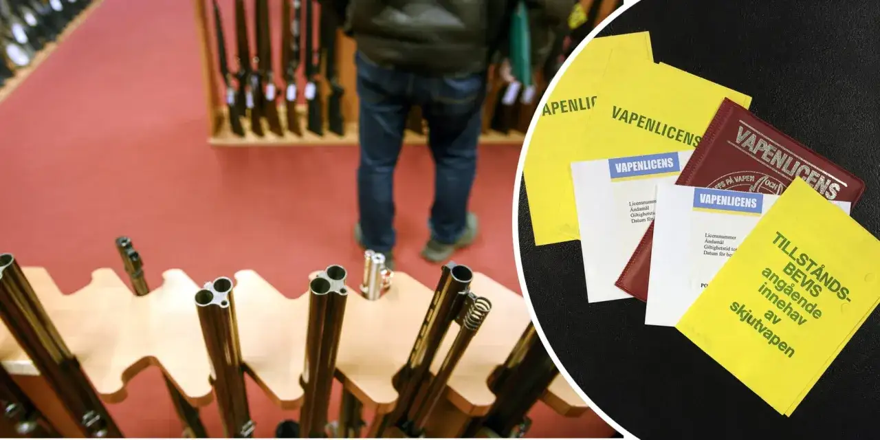 Vapenlicens tid. En person står framför vapenhyllor, medan vapenlicenser och tillståndsbetyg syns i förgrunden.